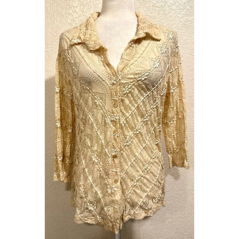Studio 1940 Lace Beige Collared Button Down Collared Blouse